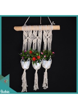 wholesale Affordable Triple basket Rope Handwoven Wood Hanging Macrame Pot Planter, Home Decoration