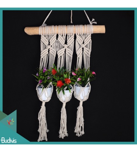 Affordable Triple basket Rope Handwoven Wood Hanging Macrame Pot Planter