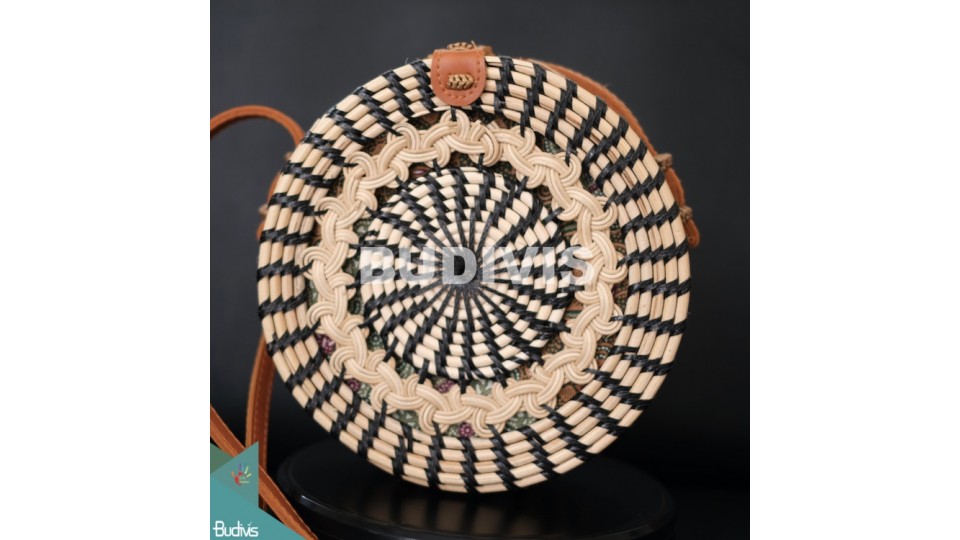 Black Stripe Natural Round Rattan Bag With Hand Woven At The Top