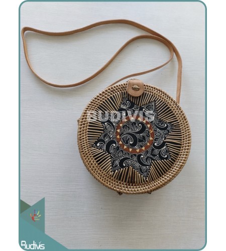 Handwoven Floral Flower Painting on Bali Rattan Bag With Batik Pattern