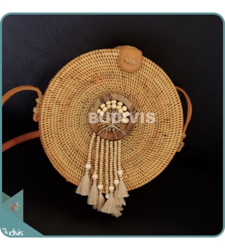 Natural Solid Round Rattan Bag With Bead Dangling Dreamcatcher