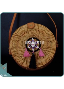 wholesale Natural Solid Round Rattan Bag With Black And Pink Dreamcatcher, Fashion Bags