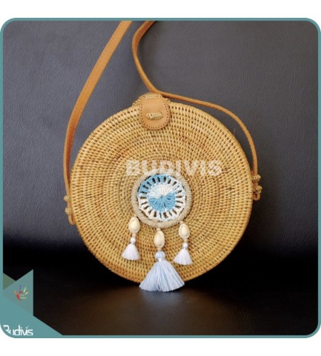 Natural Solid Round Rattan Bag With Blue And White Mini Dreamcatcher