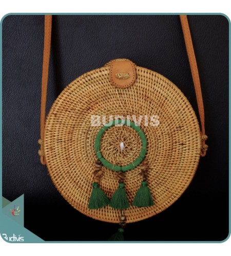Natural Solid Round Rattan Bag With Green Dreamcatcher