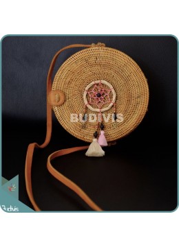 wholesale Natural Solid Round Rattan Bag With Mini Dreamcatcher, Fashion Bags