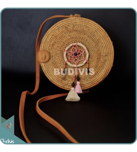 Natural Solid Round Rattan Bag With Mini Dreamcatcher