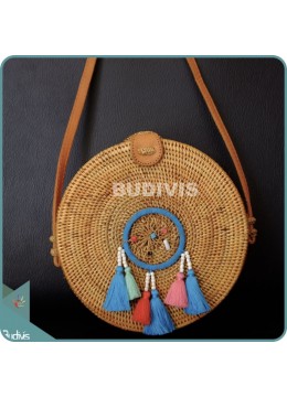 wholesale Natural Solid Round Rattan Bag With Multi Colour Dreamcatcher, Fashion Bags