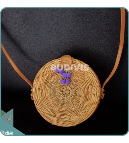Natural Solid Round Rattan Bag With Purple Hanging Decor
