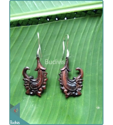 Nature Wooden Carved Earrings Sterling Silver Hook 925