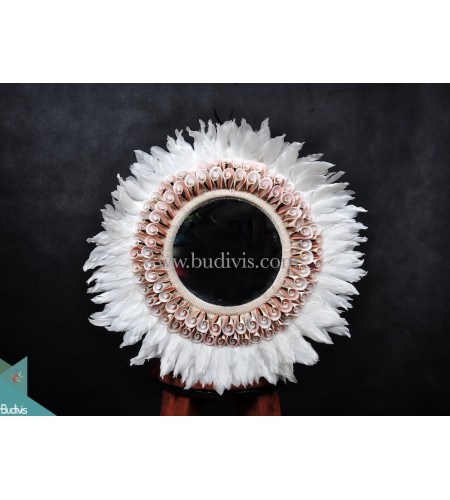 Primitive Mirror White Feather Shell Decoration Tribal Necklace Standing Interior