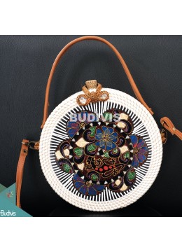 wholesale White Color Hand Bag And Cross Body Rattan Round Bag With Batik Ornament, Fashion Bags