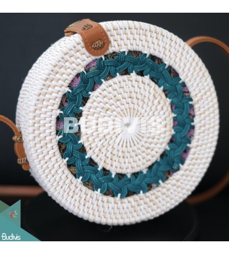 White Rattan Bag With Blue Hand Woven