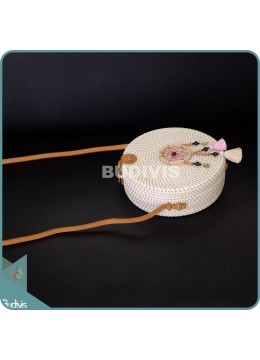 wholesale White Round Rattan Bag With Pink And Brown Dangling Dreamcatcher, Fashion Bags