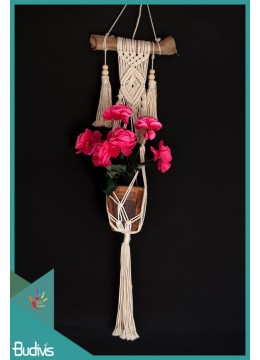 wholesale Wholesale Rope Handwoven Hanging Macrame Pot Planter With Drift Wood, Home Decoration