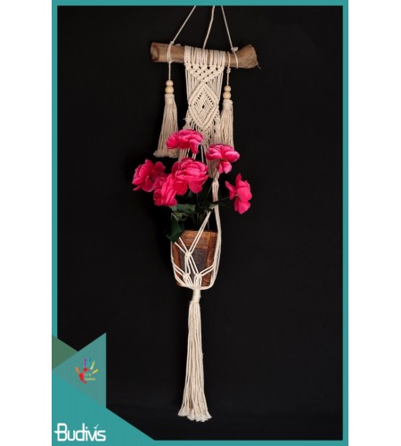 Wholesale Rope Handwoven Hanging Macrame Pot Planter With Drift Wood