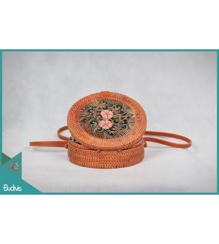Wholesaler Round Bag Natural With Flower Woven Rattan