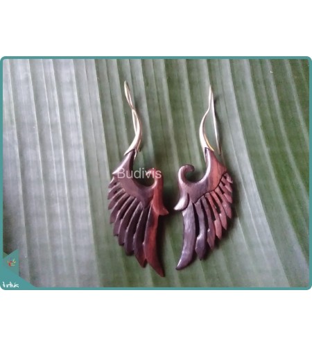 Wooden Eagle Wings Handcraft Earrings Sterling Silver Hook 925