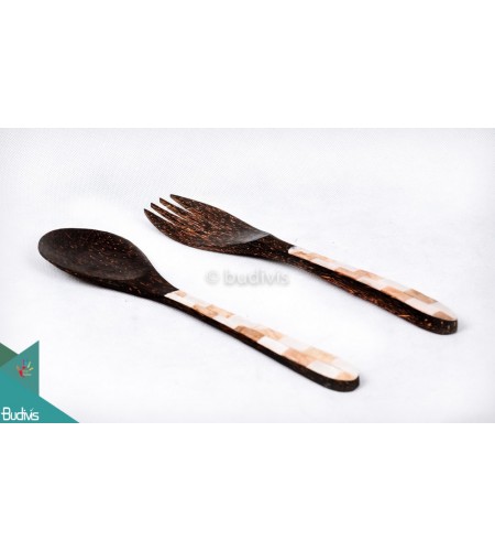 Wooden Set Spoon & Fork Set 2 Pcs Shell Decorative