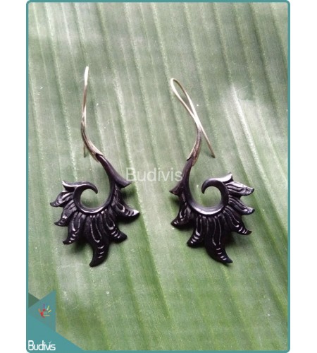 Black Fire Wooden Earrings Sterling Silver Hook 925