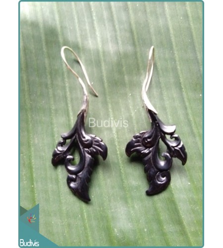Leaf Carving Earrings With Koru Style Sterling Silver Hook 925