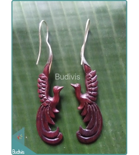 Wooden Earrings With Flying Bird Carving Sterling Silver Hook 925