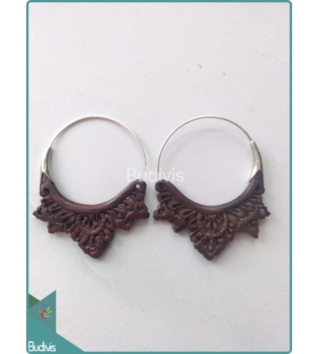 Circle Maori Style Wooden Earrings Sterling Silver Hook 925