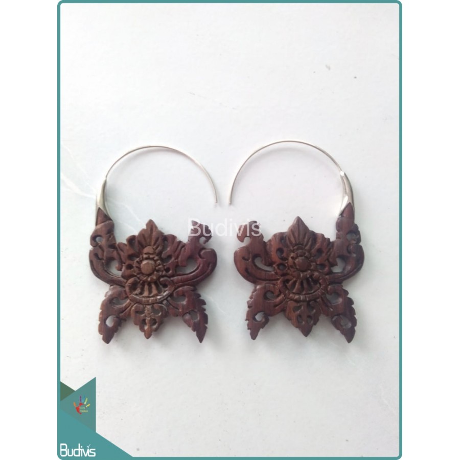 Balinese Style Wooden Earrings Sterling Silver Hook 925