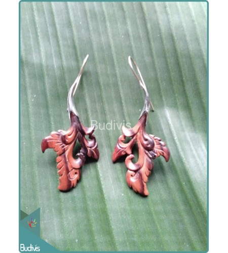 Balinese Style Leaf Wooden Earrings Sterling Silver Hook 925