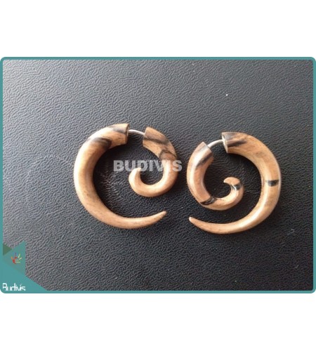 Wooden Brown Spiral Tribal Earrings Sterling Silver Hook 925