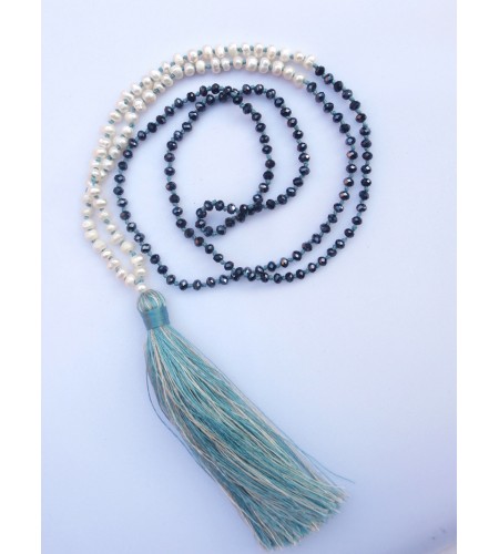 Long Crystal Mini Pearl Tassel Necklace