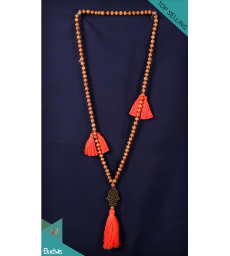 Bali Mala 108 Wooden Long Hand Knotted Necklace With Hamsa