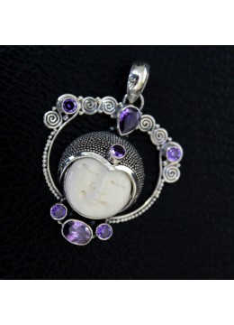 wholesale bali Wholesaler Moon Face Of Bone Carving Sterling Silver Pendant 925, Costume Jewellery