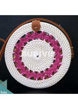 wholesale bali Production Round Bag White Synthetic With Tribal Circle Rattan, Fashion Bags