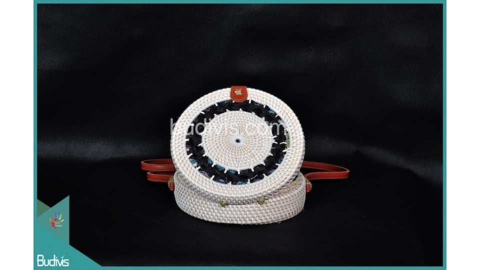 Manufactured Round Bag White Synthetic With Tribal Circle Rattan