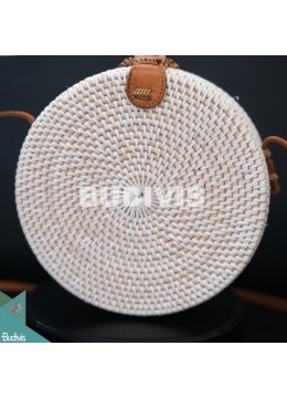 wholesale bali Production Round Bag White Synthetic With Flower Woven Rattan, Fashion Bags