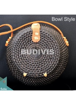 wholesale bali Bowl Style Black Rattan Bag With Leather Strap, Fashion Bags