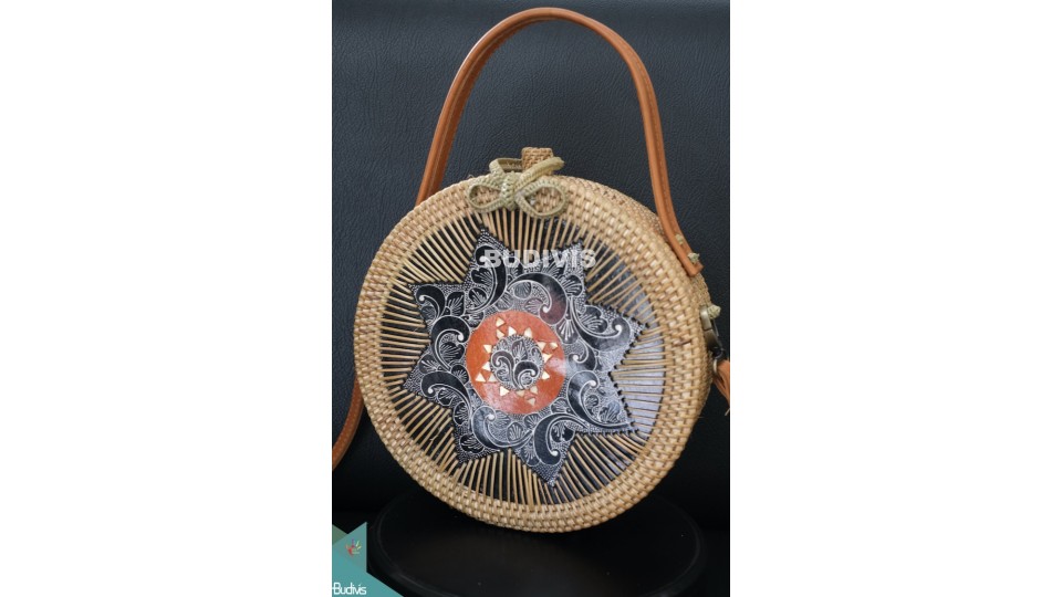 Hand Bag And Cross Body Rattan Round Bag With Batik Ornament