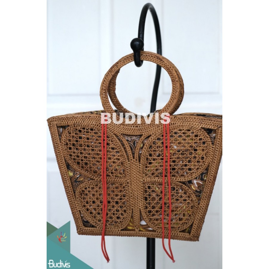Round Ata Rattan Bag (Brown) - Bali Bag Straw Boho Beach Bag