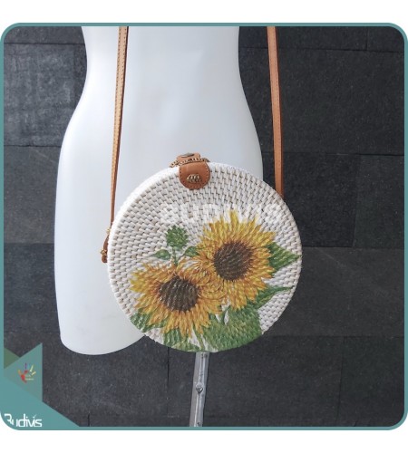 Sunflower Hand Painted Rattan Round Bag