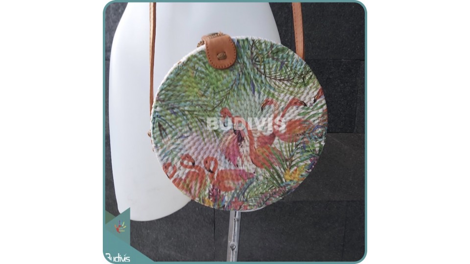 Flamingo Flock Of Bird Painted Bali Rattan Bag