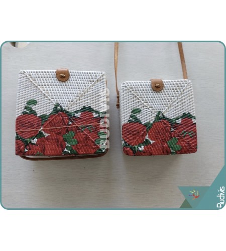 Hand Painted Red Roses Rattan Square Sling Bag