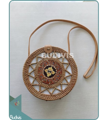 Star Patten Round Rattan Bag With Painted Wood