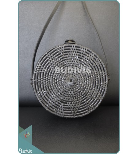 Grey Rattan Round Bag With Flower Pattern