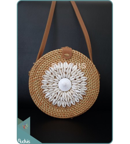 Brown Natural Rattan Bag With Sea Shell Decoration