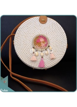 wholesale bali White Round Rattan Bag With Pink And White Dreamcatcher, Fashion Bags
