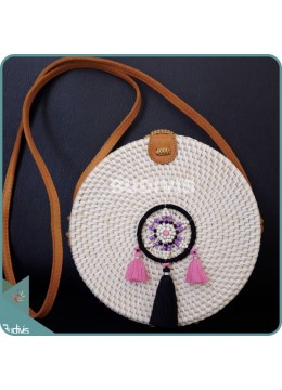 wholesale bali White Round Rattan Bag With Black And Pink Dreamcatcher, Fashion Bags