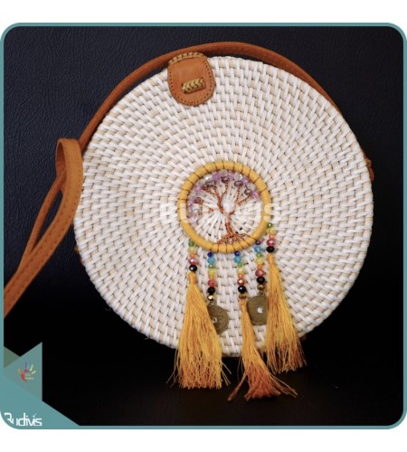 White Round Rattan Bag With Yellow Beads Dreamcatcher