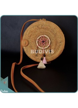 wholesale bali Natural Solid Round Rattan Bag With Mini Dreamcatcher, Fashion Bags