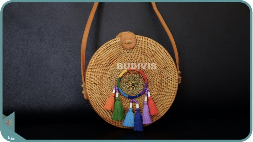 Natural Solid Round Rattan Bag With Rainbow Colour Dreamcatcher