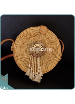 wholesale bali Natural Solid Round Rattan Bag With Bead Dangling Dreamcatcher, Fashion Bags